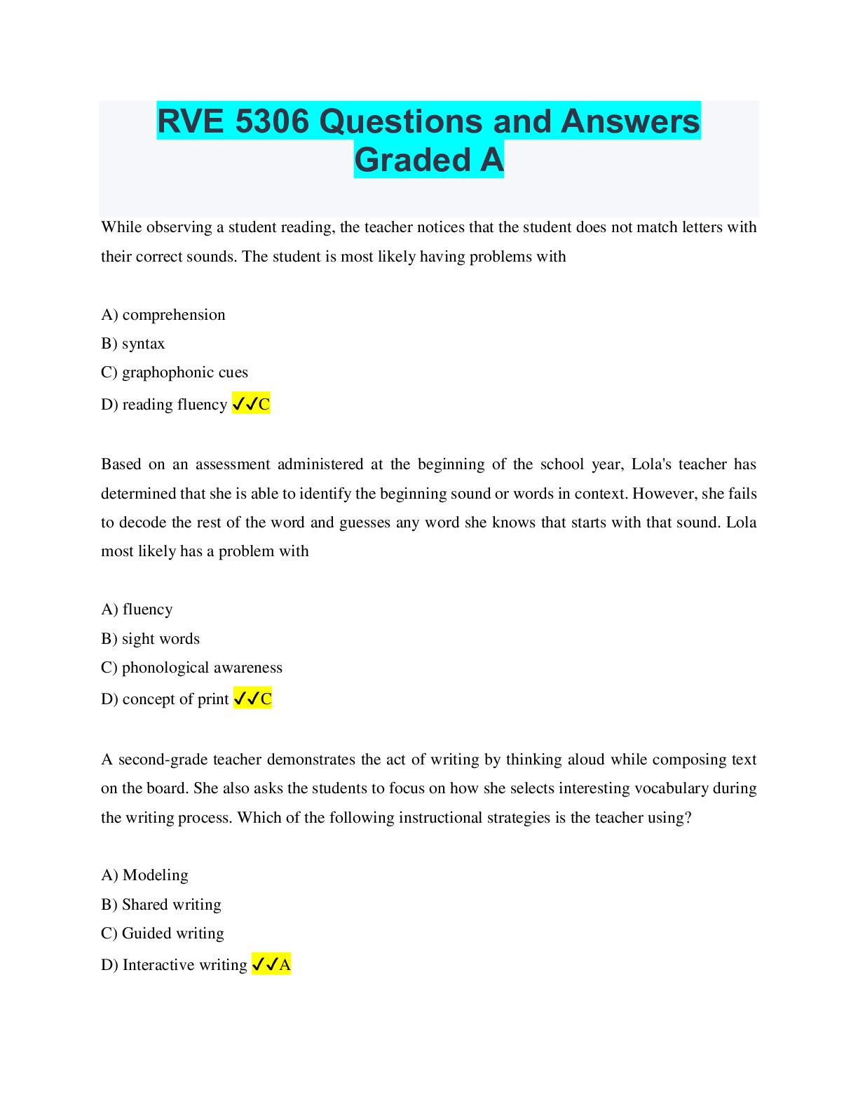 Preview of RVE 5306 Questions and Answers Graded A